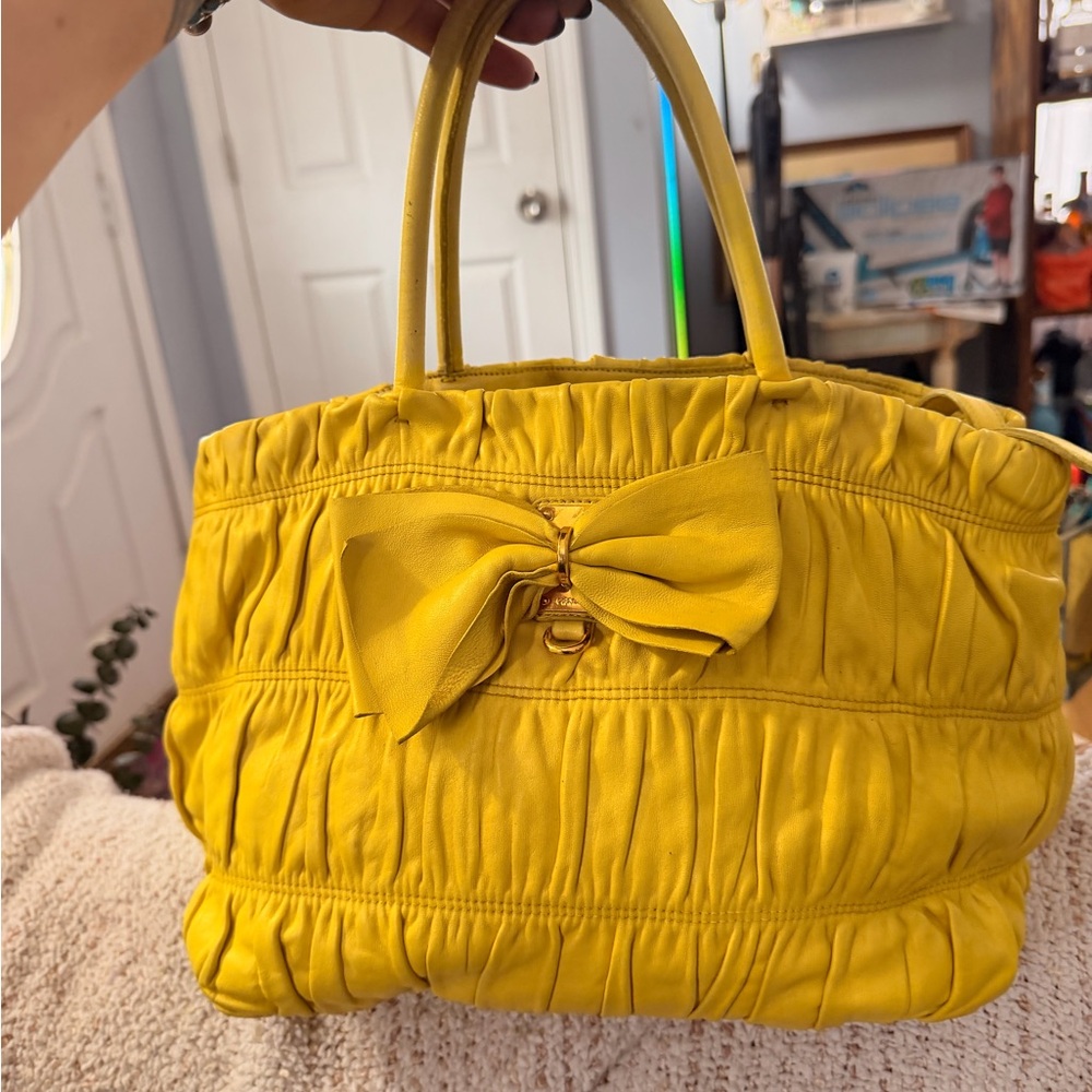 Prada Nappa Gaufre Leather Bag With Bow Accent